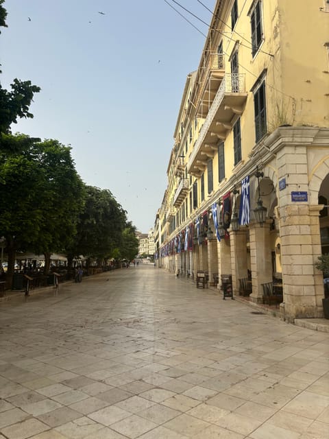 Corfu Dog Sightseeing Walk: A City Introduction with an Animal-Welfare Purpose 3 The Liston arcade and shaded Esplanade walkway in Corfu Town